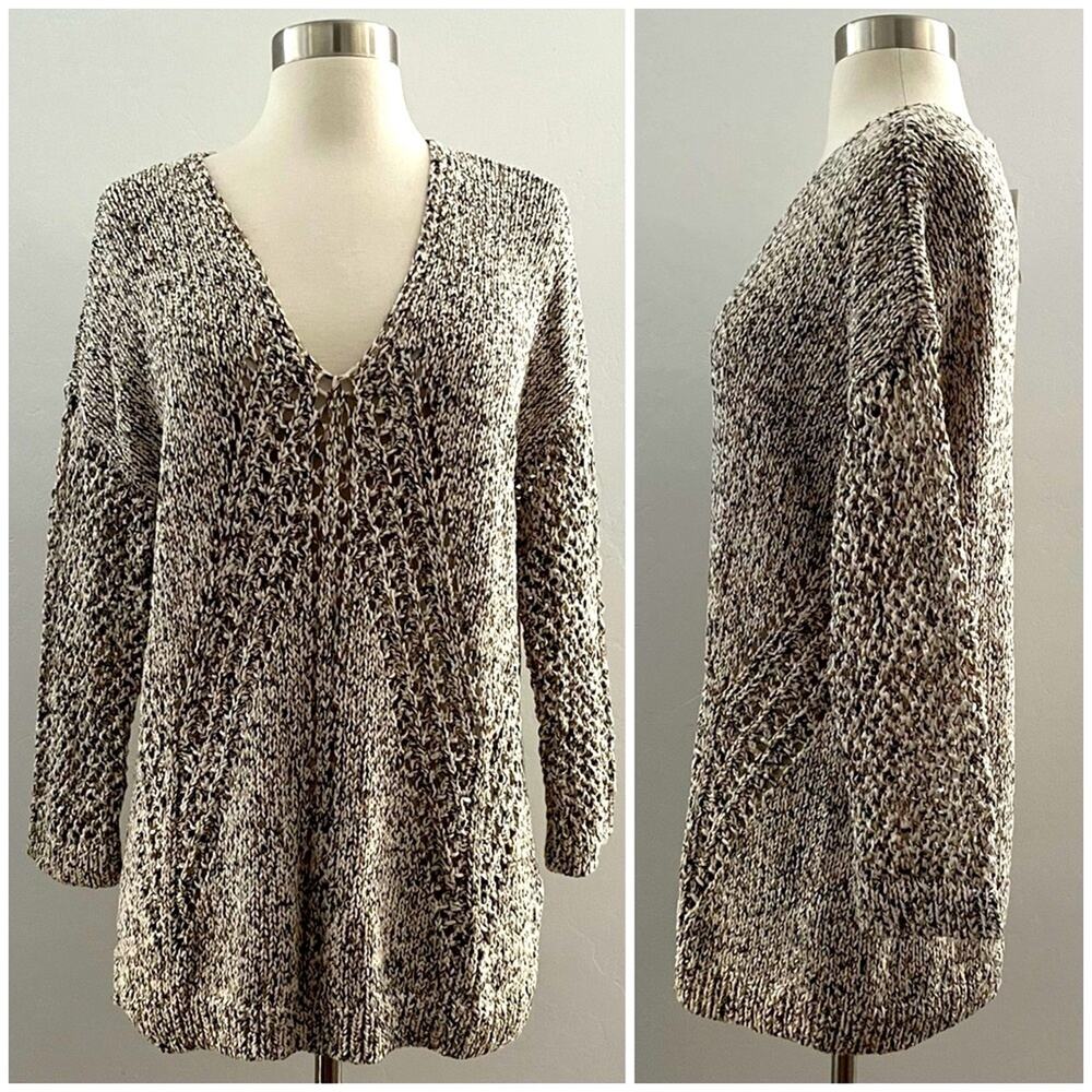 J. Jill Chunky Knit Sweater V-Neck Marled Neutral Minimalist Casual Medium NEW
